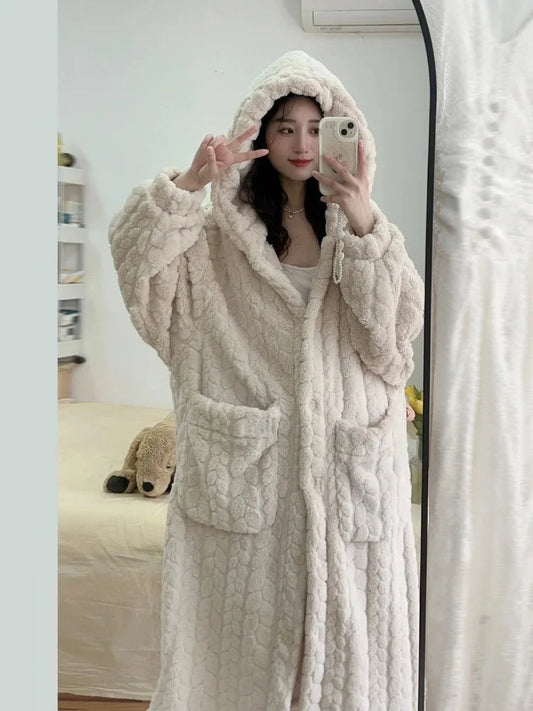 Plush knitted bathrobe with hood - cozy cream-colored women's bathrobe