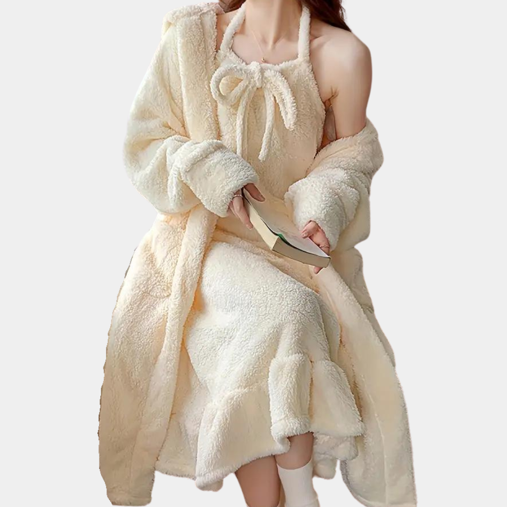 Beige thick cozy pajama set - luxurious loungewear for women