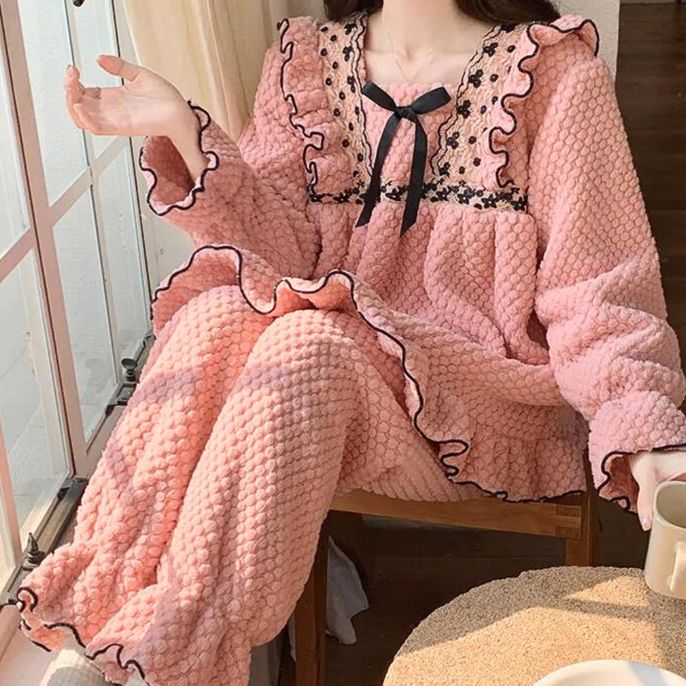 Fluffy pink pajama set - elegant ruffle loungewear