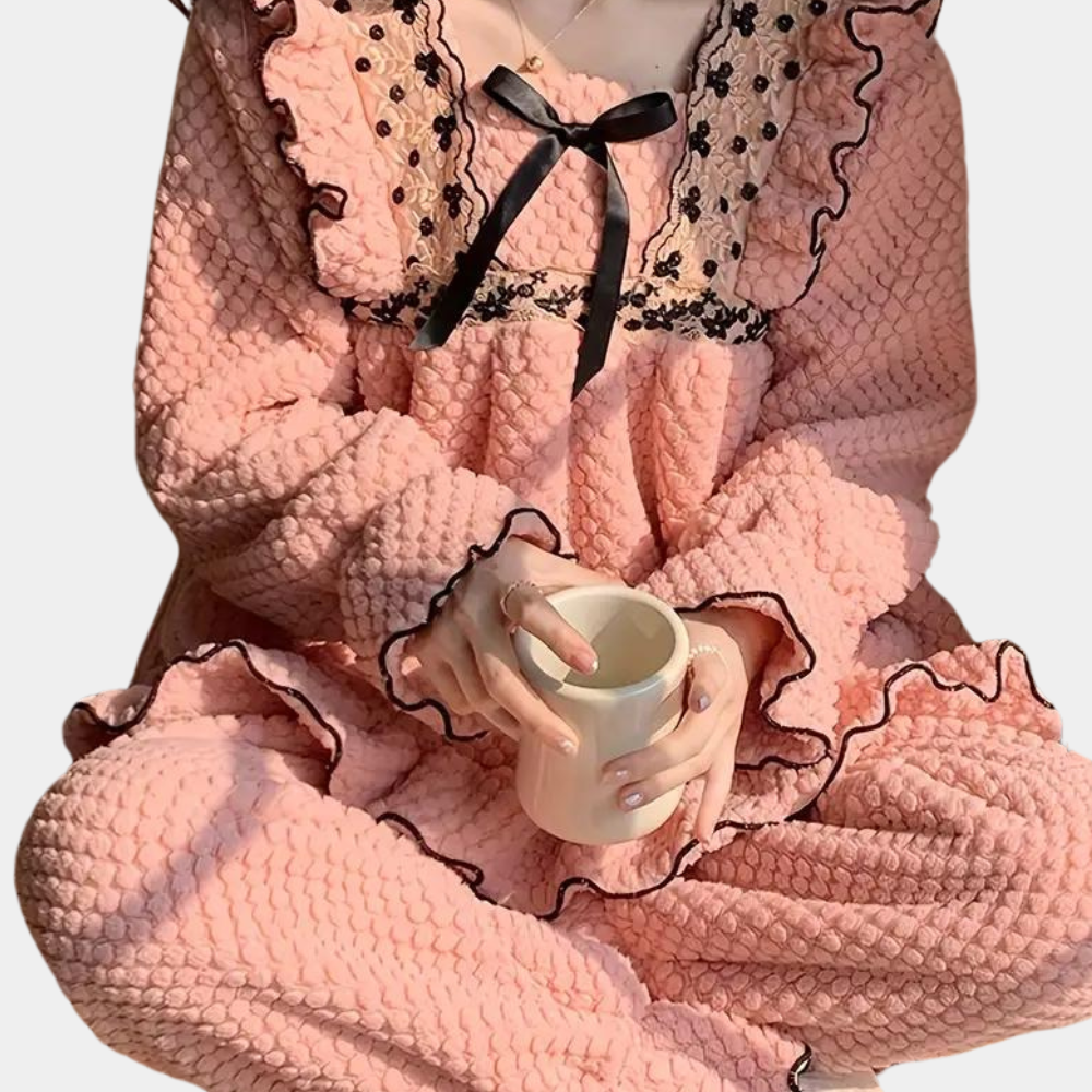 Fluffy pink pajama set - elegant ruffle loungewear