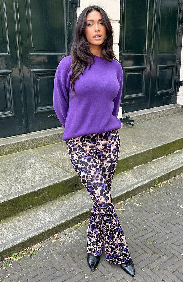 Bronte | Purple Leopard Print Flared Trousers for Women