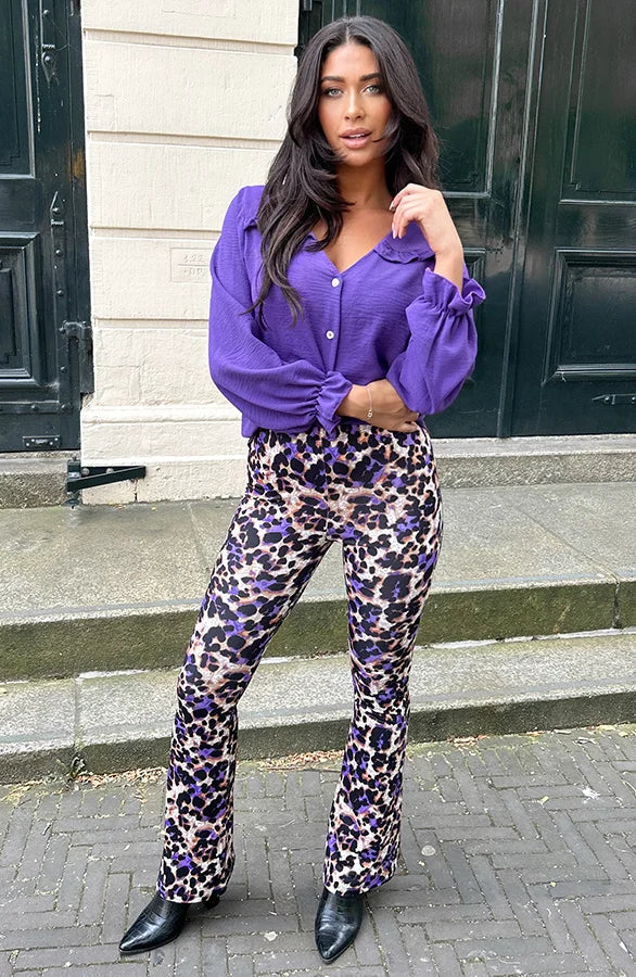 Bronte | Purple Leopard Print Flared Trousers for Women