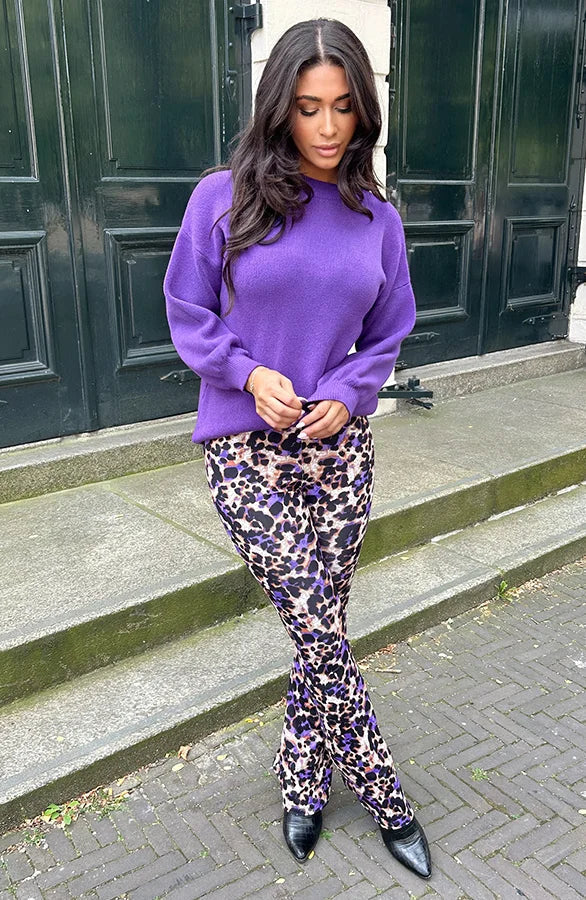 Bronte | Purple Leopard Print Flared Trousers for Women