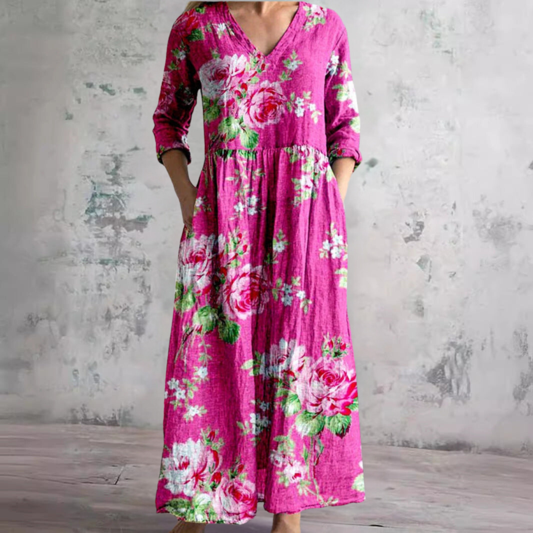 Truus - Women's Summer Dress with V-Neck and Floral Pattern