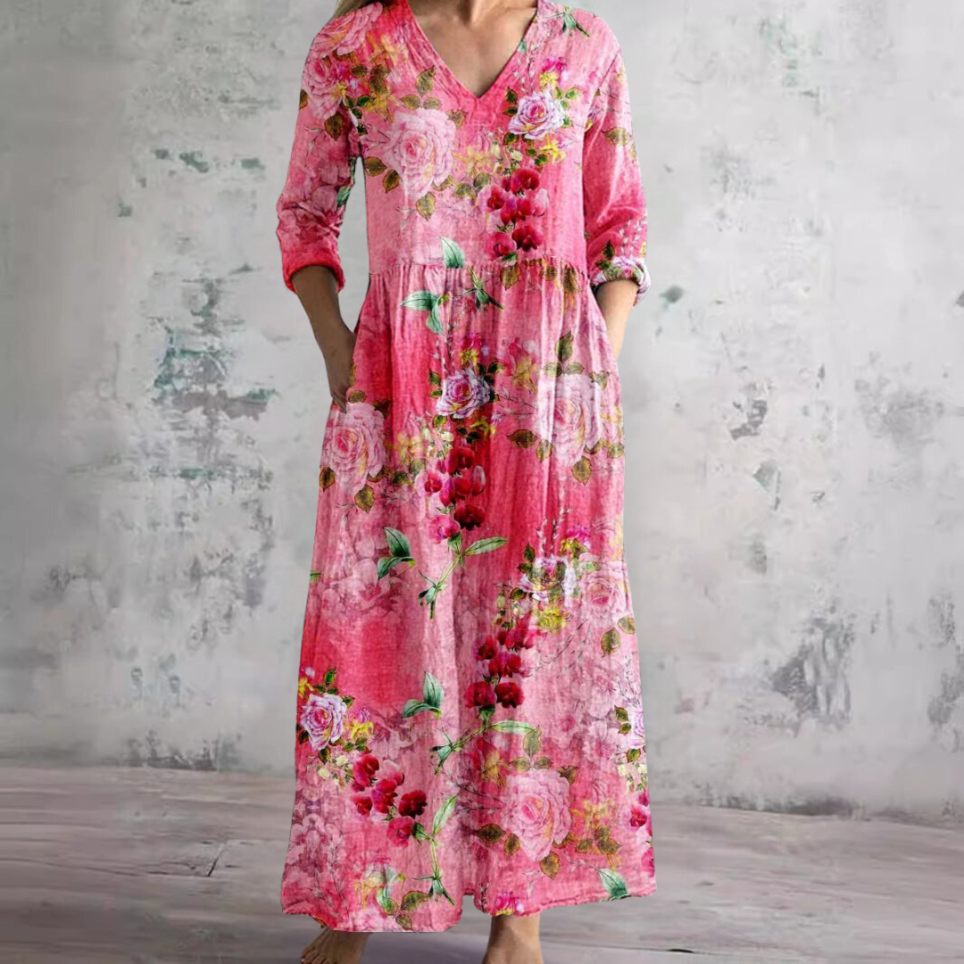 Truus - Women's Summer Dress with V-Neck and Floral Pattern