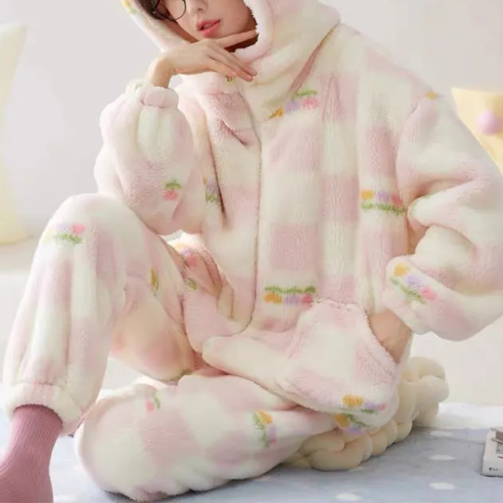 2-piece cozy winter pajama set - women's fluffy pink loungewear