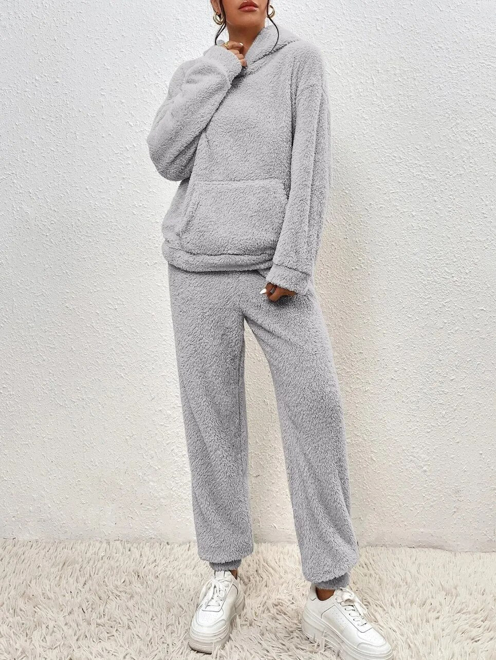 2-piece teddy tracksuit set - ultra-soft women's loungewear with hood
