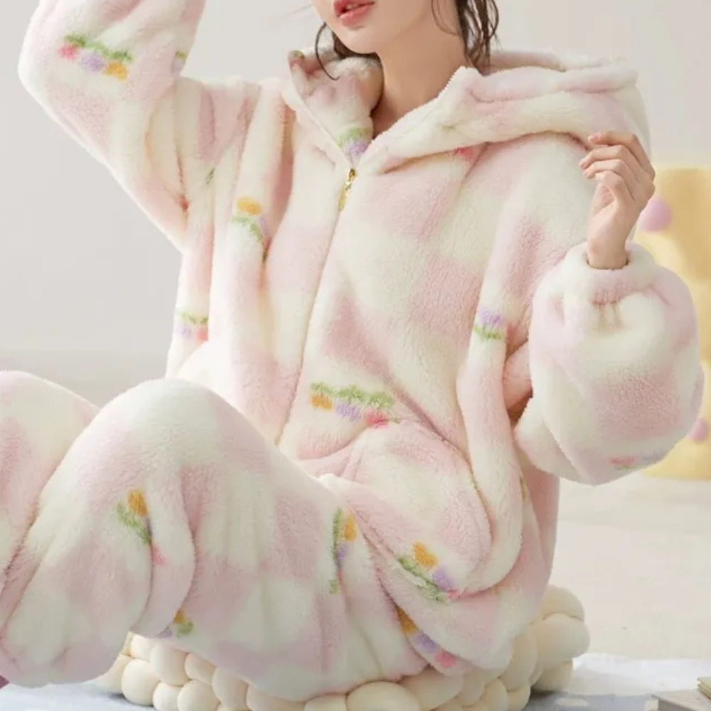 2-piece cozy winter pajama set - women's fluffy pink loungewear