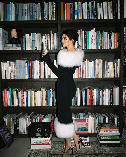 Belle Vogue™ - Off-the-Shoulder Dress with Fur Collar
