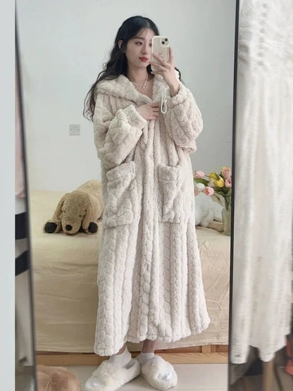 Plush knitted bathrobe with hood - cozy cream-colored women's bathrobe
