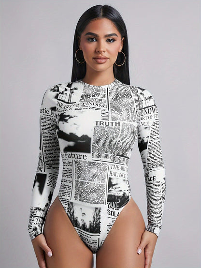 Amarixe™: Newspaper Print Long Sleeve Bodysuit