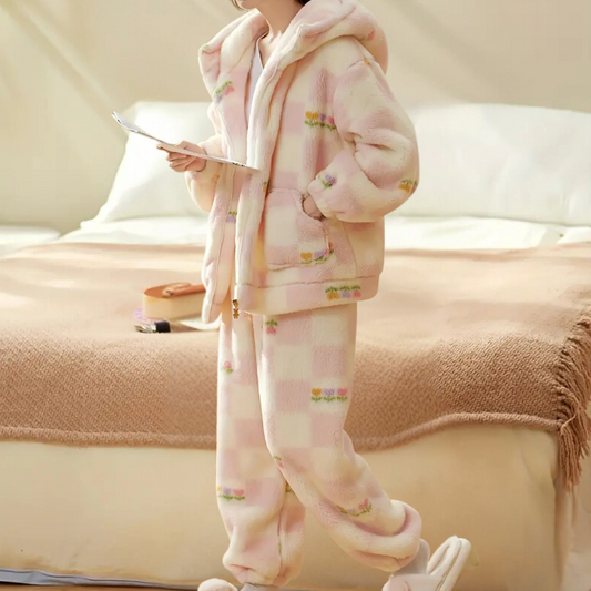 2-piece cozy winter pajama set - women's fluffy pink loungewear
