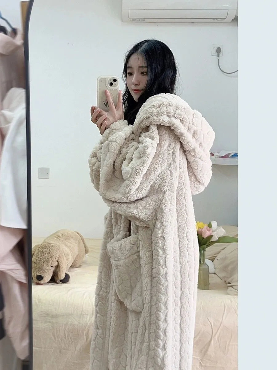 Plush knitted bathrobe with hood - cozy cream-colored women's bathrobe
