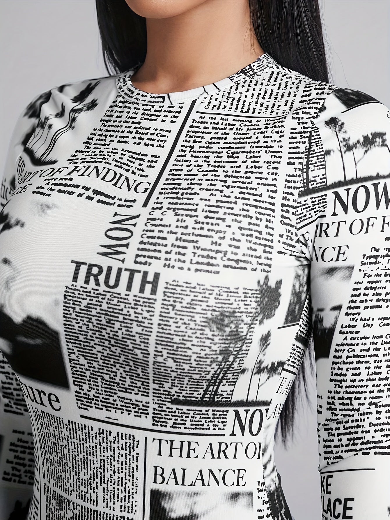Amarixe™: Newspaper Print Long Sleeve Bodysuit