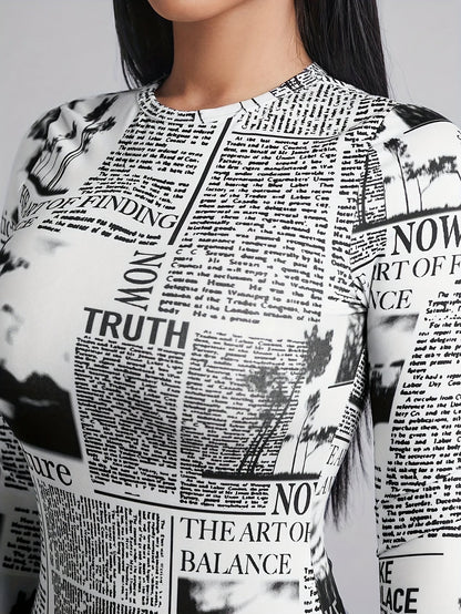 Amarixe™: Newspaper Print Long Sleeve Bodysuit
