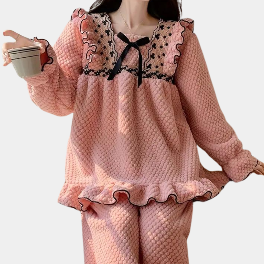 Fluffy pink pajama set - elegant ruffle loungewear