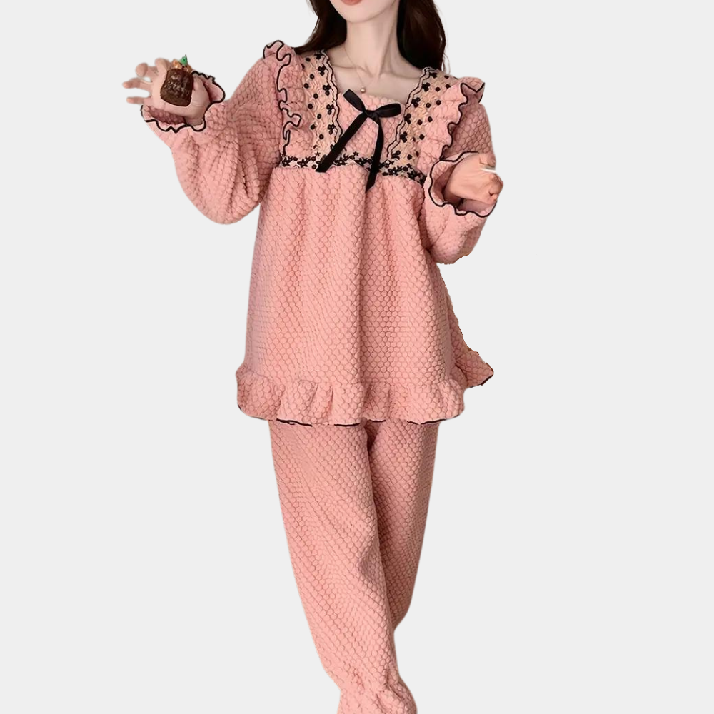 Fluffy pink pajama set - elegant ruffle loungewear