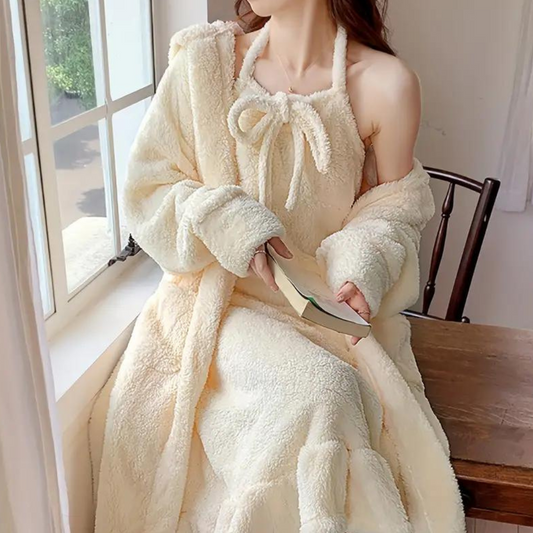 Beige thick cozy pajama set - luxurious loungewear for women