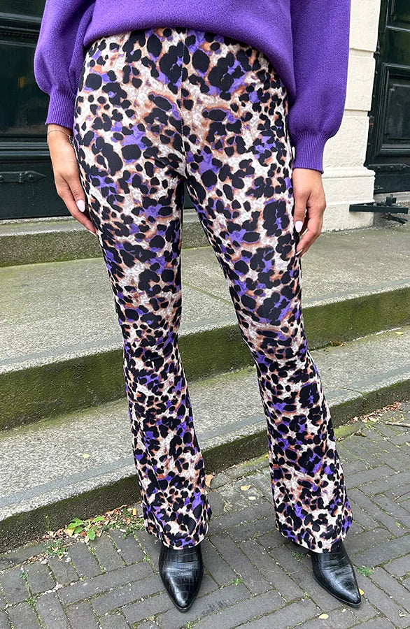 Bronte | Purple Leopard Print Flared Trousers for Women