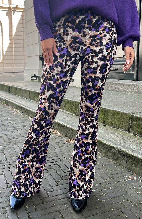 Bronte | Purple Leopard Print Flared Trousers for Women