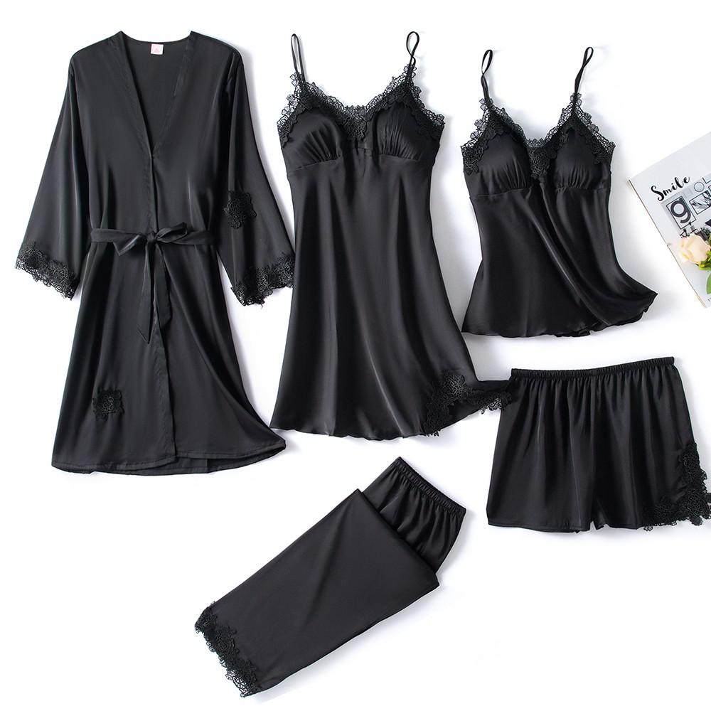 5-piece black satin pajama set - luxury sleepwear with lace