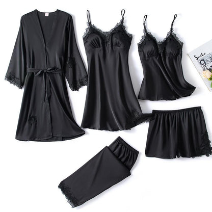 5-piece black satin pajama set - luxury sleepwear with lace