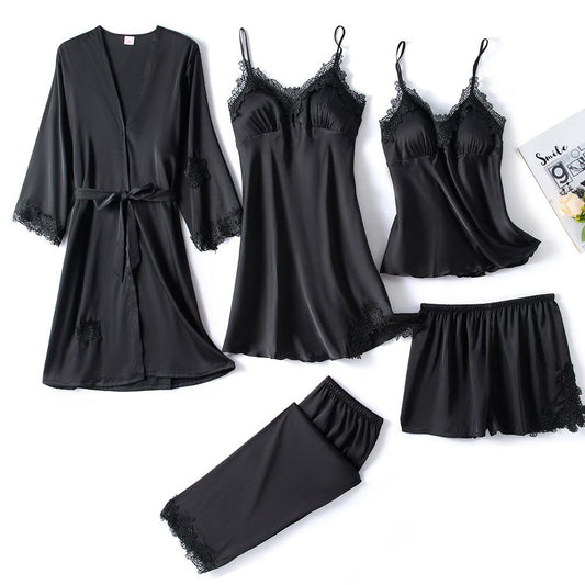 5-piece black satin pajama set - luxury sleepwear with lace