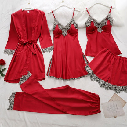 5-piece black satin pajama set - luxury sleepwear with lace