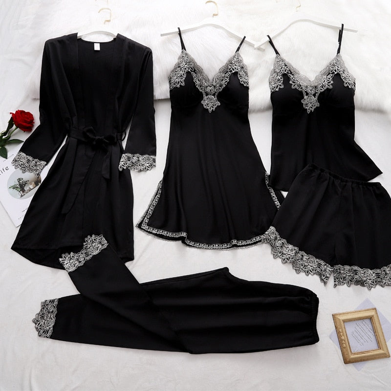 5-piece black satin pajama set - luxury sleepwear with lace