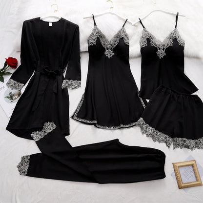 5-piece black satin pajama set - luxury sleepwear with lace