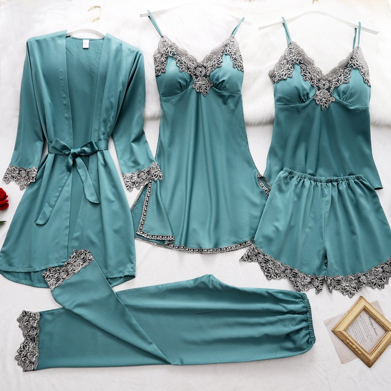 5-piece black satin pajama set - luxury sleepwear with lace