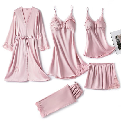 5-piece black satin pajama set - luxury sleepwear with lace