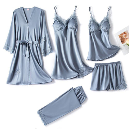 5-piece black satin pajama set - luxury sleepwear with lace