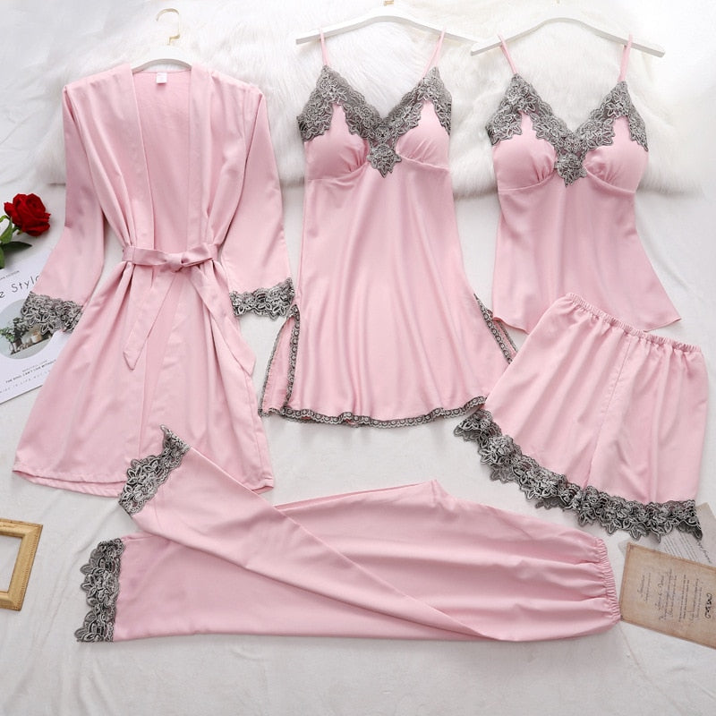 5-piece black satin pajama set - luxury sleepwear with lace