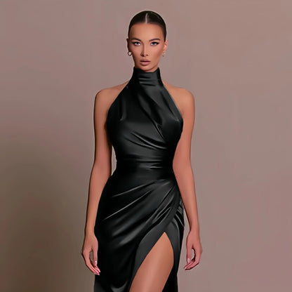 Onni | Classic Satin Evening Dress with Halter Neck