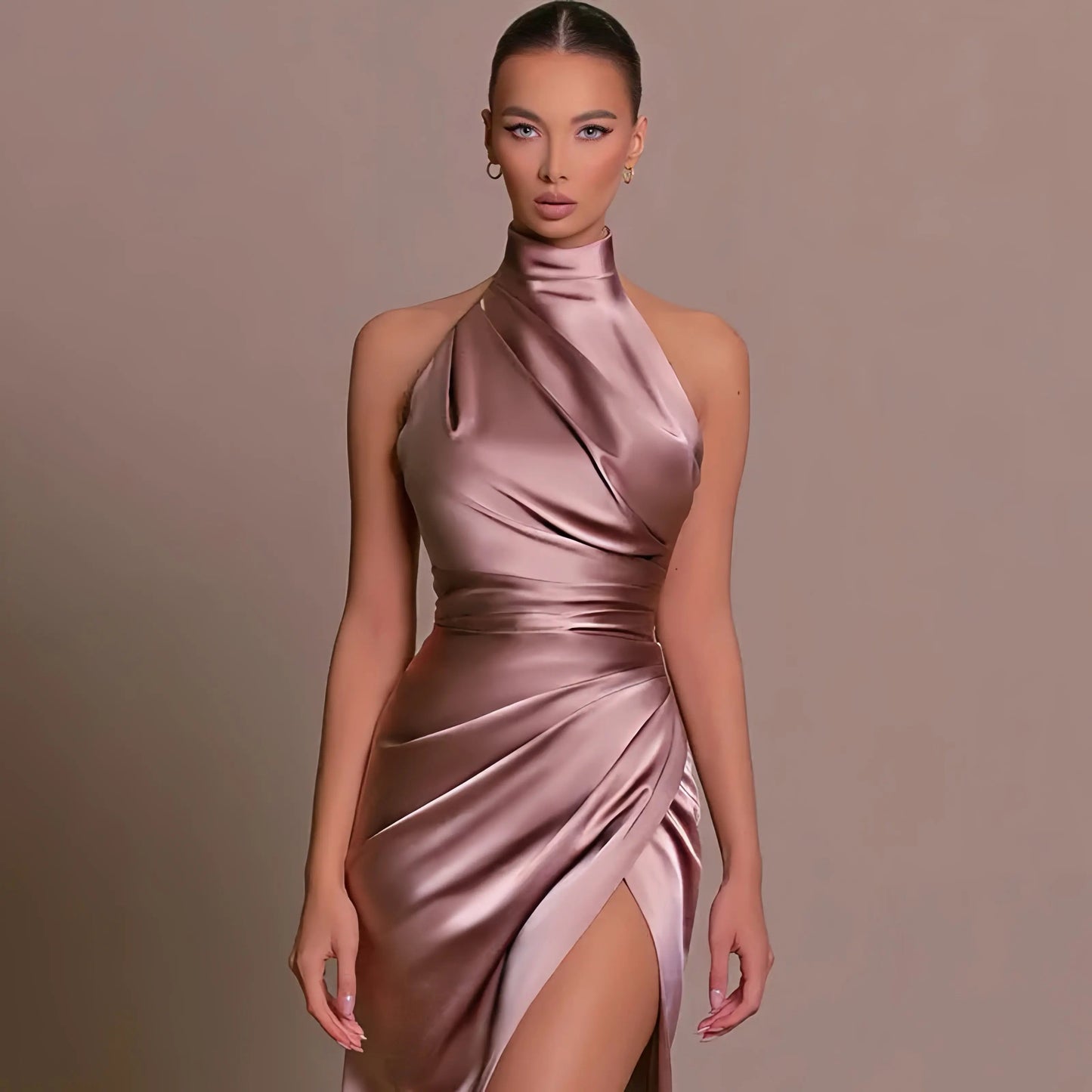 Onni | Classic Satin Evening Dress with Halter Neck