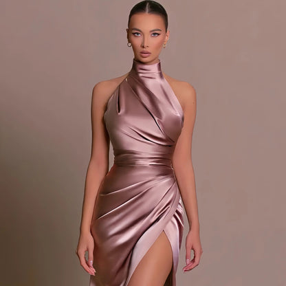 Onni | Classic Satin Evening Dress with Halter Neck
