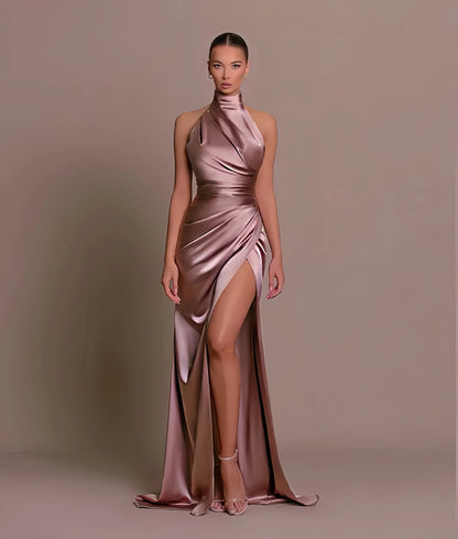 Onni | Classic Satin Evening Dress with Halter Neck