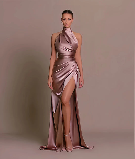 Onni | Classic Satin Evening Dress with Halter Neck