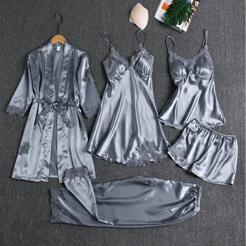5-piece satin nightwear set - luxurious women's pajama set with dressing gown and shorts