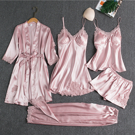 5-piece satin nightwear set - luxurious women's pajama set with dressing gown and shorts