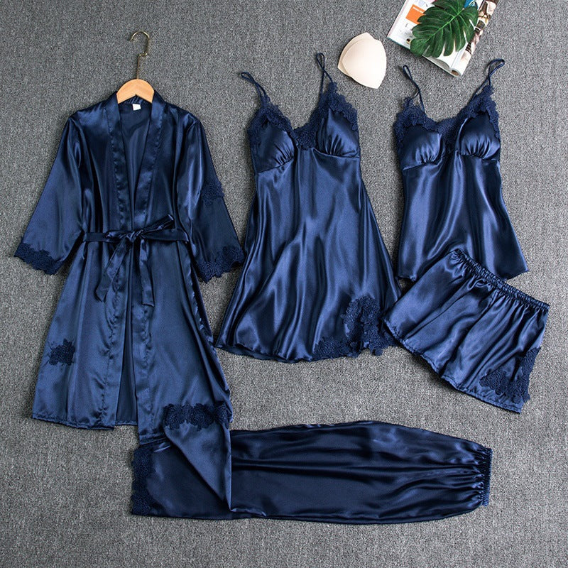 5-piece satin nightwear set - luxurious women's pajama set with dressing gown and shorts