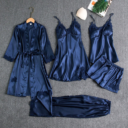 5-piece satin nightwear set - luxurious women's pajama set with dressing gown and shorts