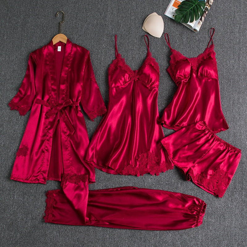 5-piece satin nightwear set - luxurious women's pajama set with dressing gown and shorts