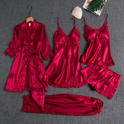 5-piece satin nightwear set - luxurious women's pajama set with dressing gown and shorts