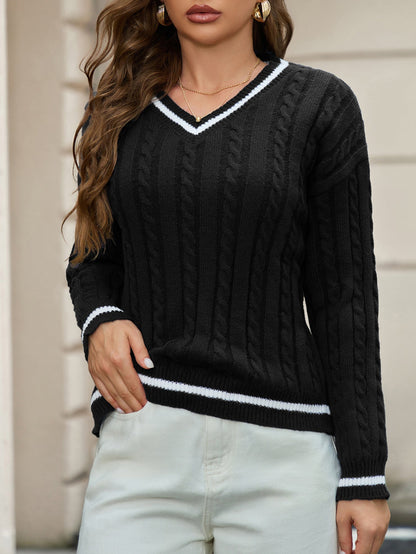 Elena™: Classic V-Neck Cable Knit Sweater