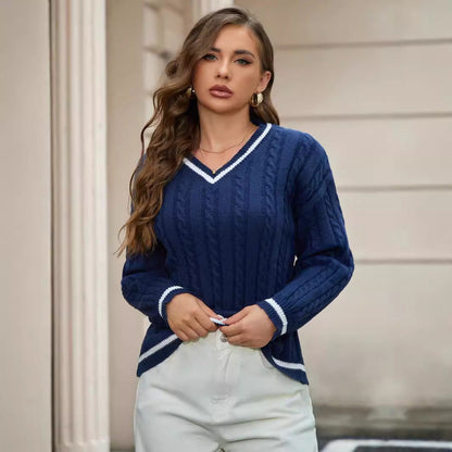 Elena™: Classic V-Neck Cable Knit Sweater