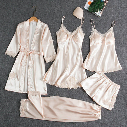 5-piece satin nightwear set - luxurious women's pajama set with dressing gown and shorts