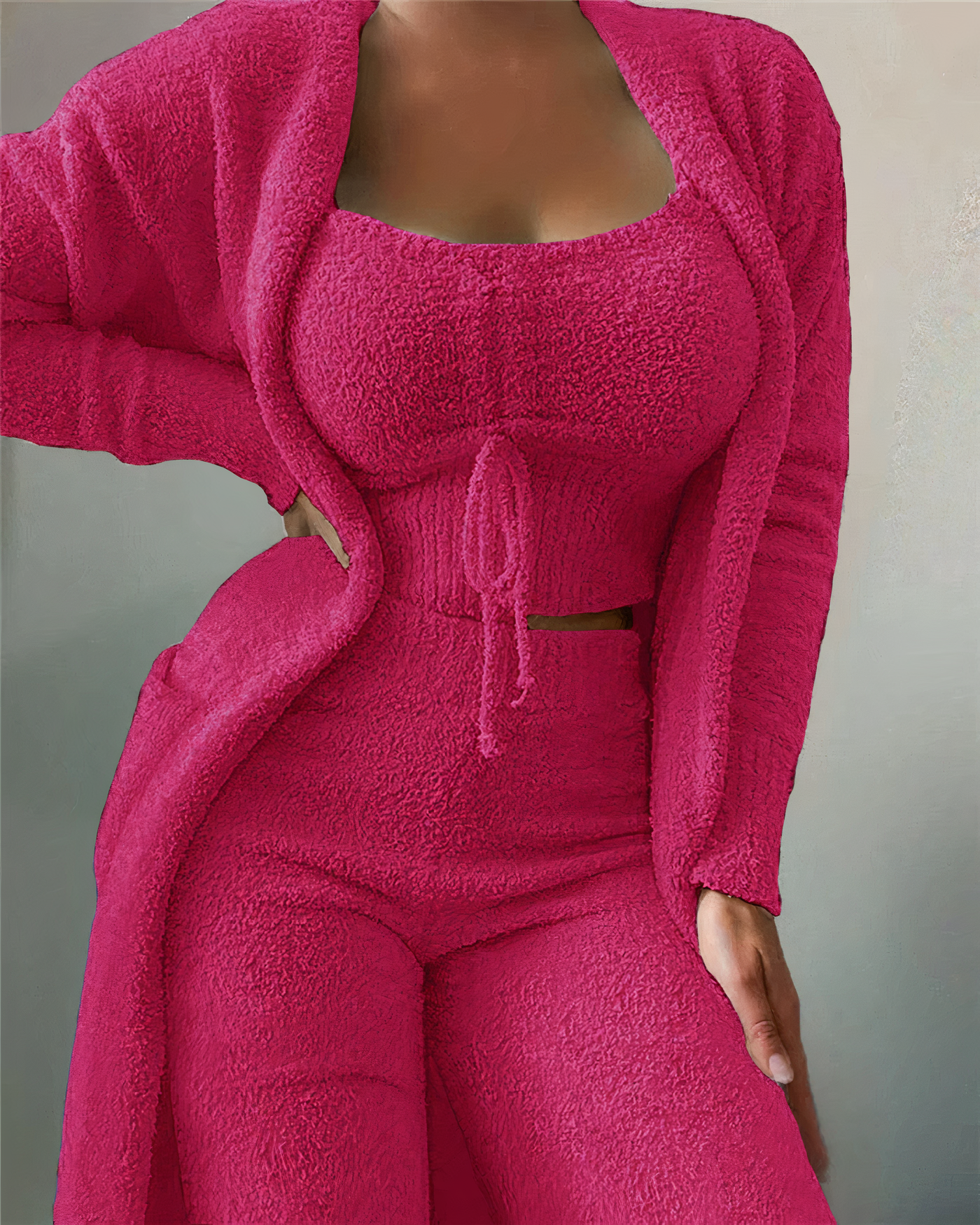 3-piece fleece lounge set - women's outfit with top and pants for home