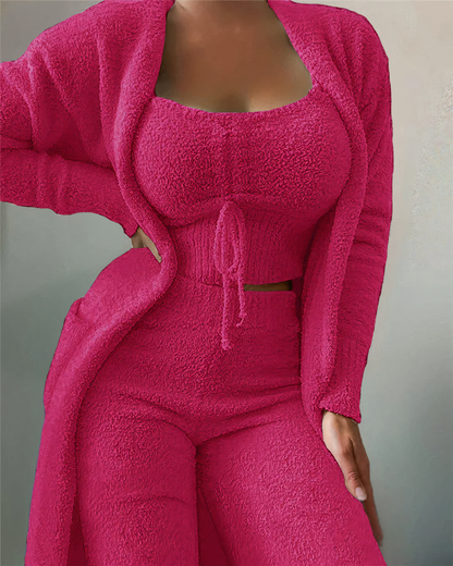 3-piece fleece lounge set - women's outfit with top and pants for home